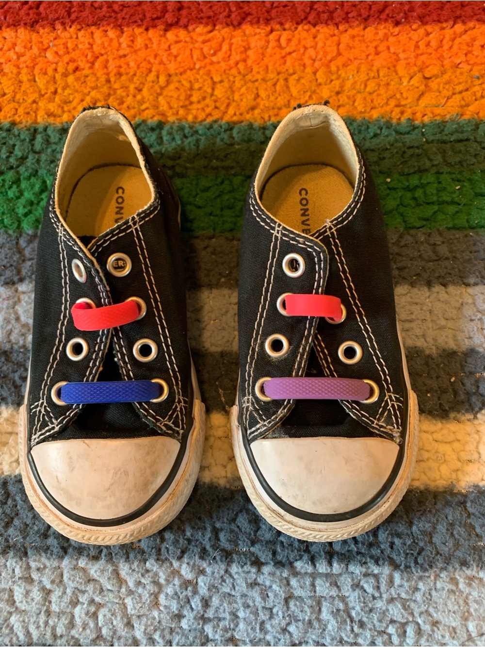 Converse Kids Black Canvas Low-Top Sneakers with Multicolor Elastic Accents